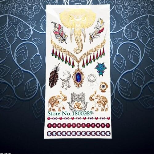 Indian Totem Gold Flash Tattoo Elephant Pattern Women Body Art Arm Tatoo Choker Jewelry Paste 21x10CM Gem Diamond Vintage Tattoo