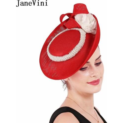 JaneVini 2019 Elegant Big Red Women Hats and Fascinators for Weddings Handmade Flowers Beaded Tulle Princess Bride Accessories