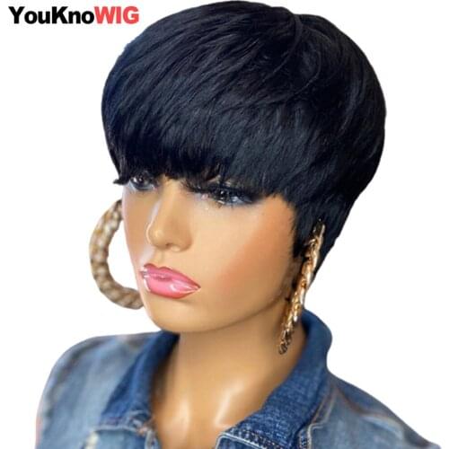 Short Pixie Wig Human Hair Straight Remy Brazilian Hair for Black Women Machine Made Wig With Bangs Cheap Glueless Non Lace Wig