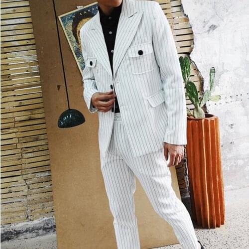 Blazer men suit set with pants mens suits White Striped Double Breasted singer star style dance stage cloth formal dress b664