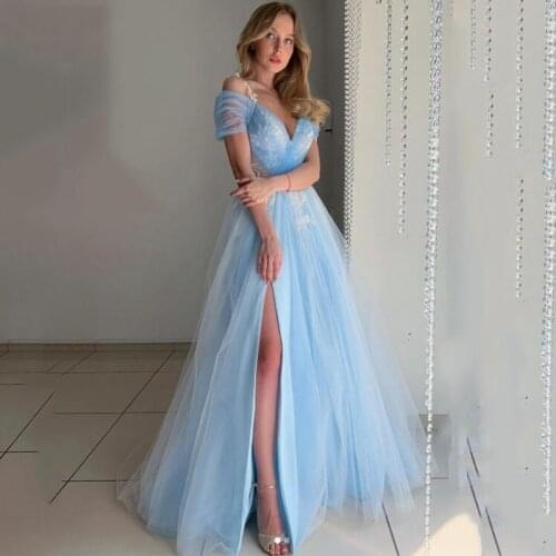 Fashion Casual Sky Blue Women Dress V-Neck Spaghetti Strap A-Line Floor Length Summer Dress High Split Evening Dress Plus Size