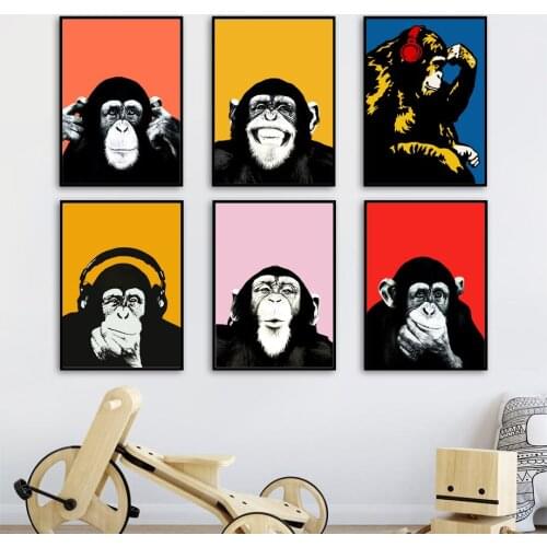 Cartoon Wall Art Canvas Painting Popular Headphones Orangutan Nordic Posters And Prints Wall Pictures For Living Room Decor