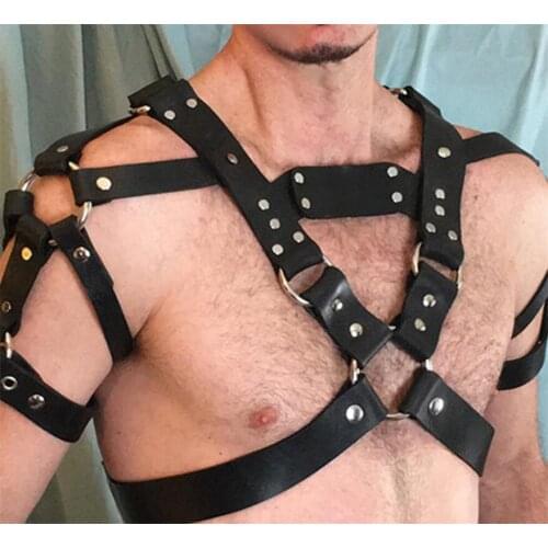 Mens Harness PU Leather Mens Bondage Metal Rivet Studs Body Chest Shoulder Half Harness Belt Gay Cosplay Club Costumes Bondage