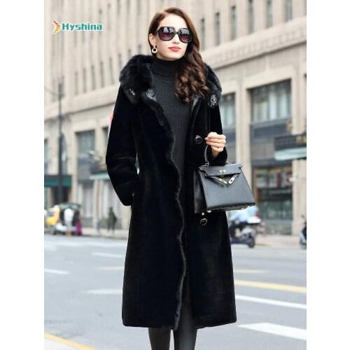 Mink Fur Collar Fur Coat Womens Long New Winter Sheep Sheared Fur One Piece Coat with Hood