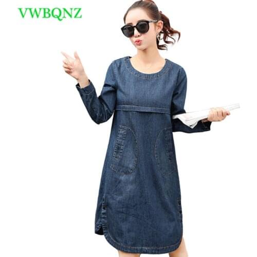 Spring New Womens Casual Denim Dress Slim Plus size Dress Elegant Women Hedging Round neck Long sleeve A word Denim Dress A51