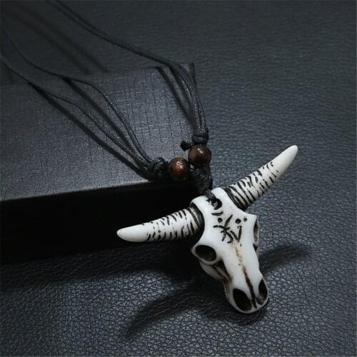 Ethnic Men Resin Bull Head Pendant Necklaces Vintage Collar Adjustable Leather Rope Chain Long Necklaces For Women Jewelry Hot
