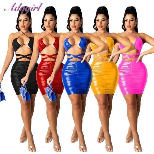 Sexy Solid PU Leather Lace Up Bodycon Mini Dress Women 2021summer Elegant Hollow Out Halter Backless Party Club Dresses Vestidos