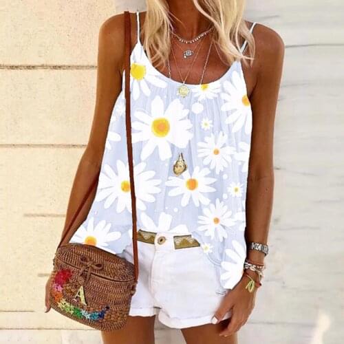 Beach Style Spaghetti Tank Tops Woman Swing Hem Vest Sleeveless Flowers Printed Cami Ladies Strappy Flared Plus Size Camisole