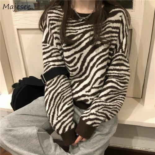 Pullovers Women Spring Autumn Harajuku O-Neck Long Sleeve Zebra Retro Loose Casual Trendy Female Sweaters Knitting Jumper Chic