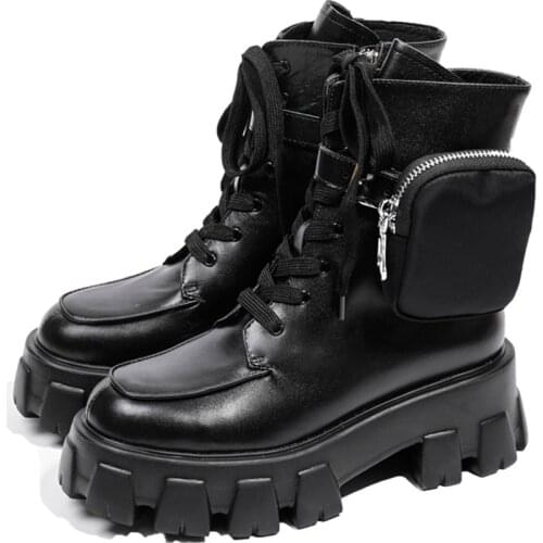 RASMEUP 2020 Winter Pocket Female Boots Women Platform Shoes Lace Up Thick-soled Black Boots Woman Half Botas Mujer