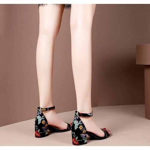 Summer Women Sandals Embroider Ankle Strap Sandal High Heels Dress Shoes Flower Ladies Shoes Sandalias zapatillas mujer