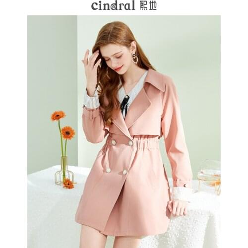 2021 Spring New Pink Windbreaker Womens Mid-length Elastic Waist Is Thinner and the Design Sense Coat Is Trendy