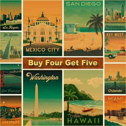 American City Vintage Travel Poster Landscape Kraft Paper Wall Art Poster Stickers Home Decoration Coffee Bar Room Decor Picture