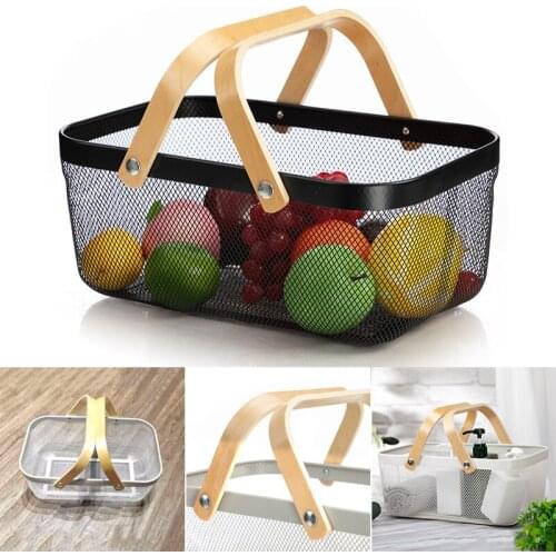 Hot Sale Mesh Iron Fruit Basket with Wood Handle Square Multifunctional Hanging Storage Organizer for Cupboards Shelves Kitchen