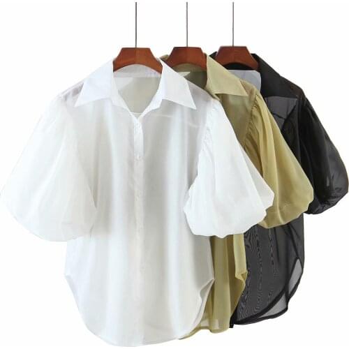 Korean Summer New Temperament Lantern Short Sleeve Loose Irregular Solid Color Shirts Women Tops Fashion Streetwear 2021