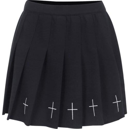 B85F Women Punk Cross Embroidery Black Mini Pleated Skater Skirt Ruffle High Waist A-Line Dark Gothic Harajuku Streetwear