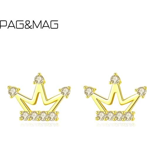 PAG&MAG Real Sterling Silver 925 Stud Earrings Cubic Zirconia Crowun Crystal Earrings For Women Korean 2020 New Jewelry SE0256
