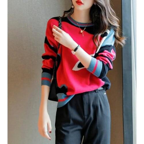 2021 New Autumn and Winter Woman Sweater Women O Neck Pullover Loose Geometric Sweater Coloaful Knitted Warm Shirt SY152