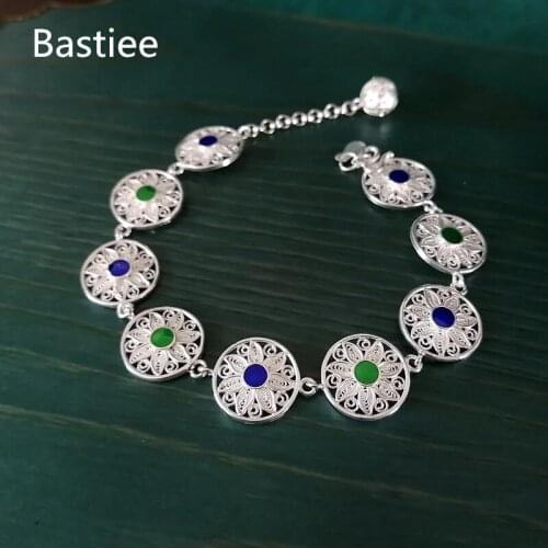 Bastiee Sunflower 999 Sterling Silver Bracelet For Women Cloisonne Enamel Hmong Handmade Luxury Jewelry Ethnic Bracelets Vintage