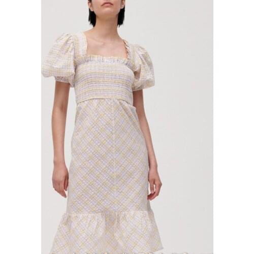Women Square Collar Plaid Midi Dress High Waist Puff Sleeve Slim Ladies Trumpet Ruffles Trim Long Dresses Robe