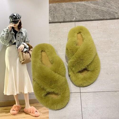 Winter Women House Slippers Faux Fur Fashion Warm Shoes Woman Slip On Flats Female Slides fluffy fur slippers
