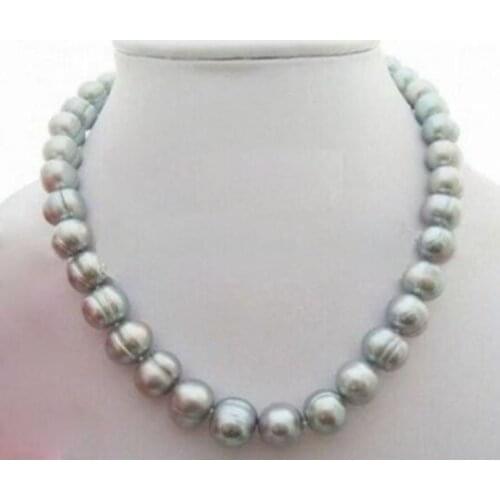 18"Long 10-12mm Natural south sea baroque gray pearl necklace 925silver clasp