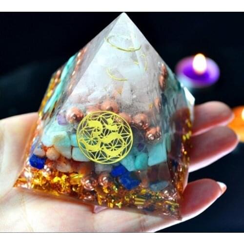 AURA REIKI Orgonite Pyramid Aura Crystal Sahasrara Chakra Zadkiel Amazonite Lapis Improve Memory Resin Decorative Craft Jewelry