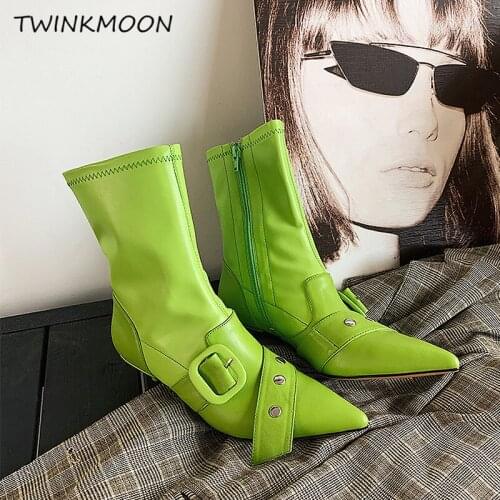 Avocado Green Women Booties Low Heels Punk Buckle Point Toe Ankle Boots Zip Black Woman Shoes botas invierno mujer 2019