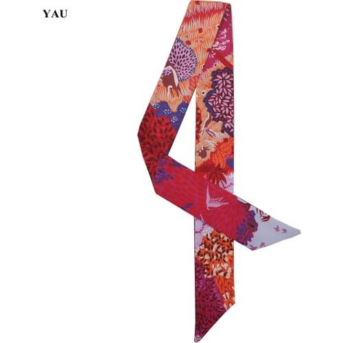Free Shipping 95cm*5cm Deer Bird Printed Bag Small Scarf Women Twill Silk Scarf Headband Long Scarves Bag Accessories Ribbon