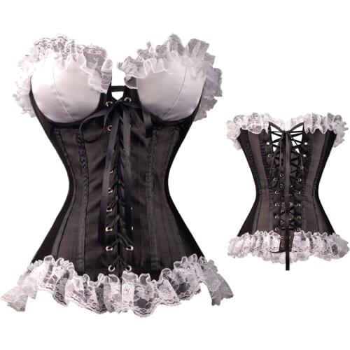 Black Sexy Women Ruffled Corset Gothic Bustier Halloween Costume Lace Up Lingerie Overbust Top Body Shaper Waist trainer