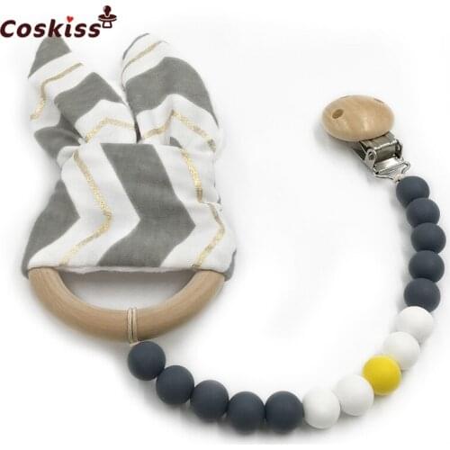 Baby Wooden Pacifier Clip Teether Toy Food Grade Silicone Beads Wood Ring Bunny Ear Toddler Teething Nursing Newborn Teether