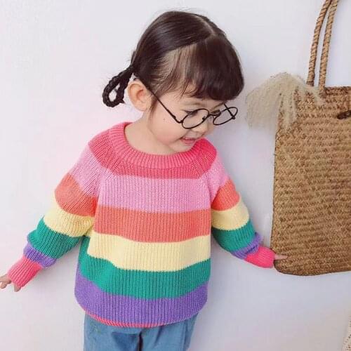 Childrens Rainbow Sweater Autumn Winter 2021 New Boys and Girls Cute Korean Knitting Stripe Fashion Pullover Top