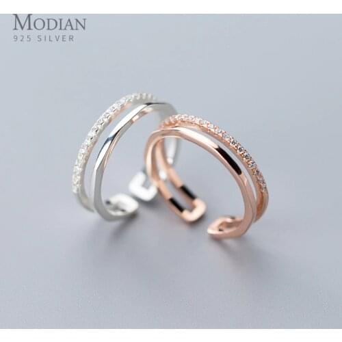 Modian Luxury Wedding Engagement Ring for Women Real 925 Sterling Silver Shiny Zircon Double Circle Open Free Size Fine Jewelry