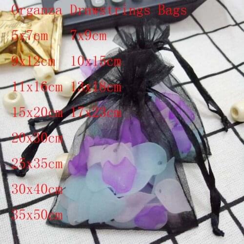 100 Pcs/lot 7x9 9x12 10x15 15x20 cm Drawstring Organza Bags Black Jewelry Pouches Gift Bags Wedding Packaging Bags