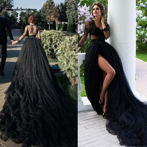 Gothic Black Wedding Dresses Vintage Black Long Train Boho Beach Wedding Dresses A Line Sexy Sheer Back High Slit Front Illusion