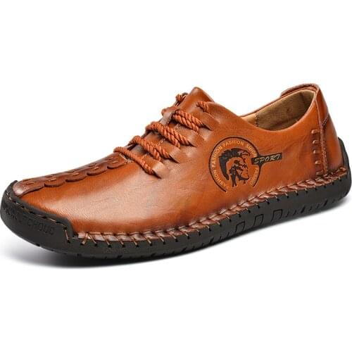 Split Leather Men Casual Shoes Luxury Autumn Mens Loafers Moccasins Breathable Lace Up Hand Sewing Driving Shoes Plus Size 38-48