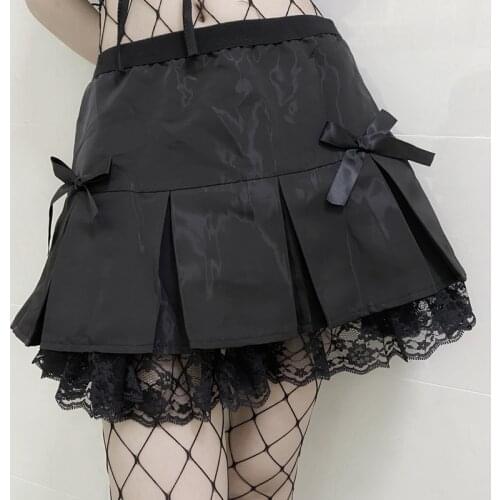 Ruibbit Women Black Bow Lace Skirts Japan Harajuku Hot Girl Vintage Pleated Fashion Slim Mini Skirt