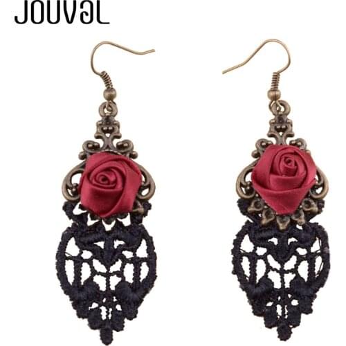 JOUVAL Gothic Rose Lace Dangle Earrings Women Long Red Flower Drop Earrings for Women Dangle Brincos Vintage Jewelry