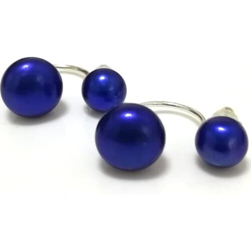 Wholesale 7mm & 10mm 925 Sterling Silver Dark Blue Natural Button Double Pearl Stud Earring