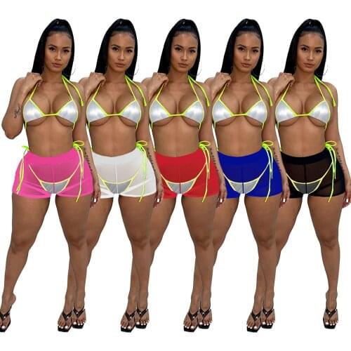 Sexy Diamonds Sheer Mesh Lace Up 3 PCS Bikinis Suit Push Up Swimwear Cover Up Biquini Bathing Suit Bra Thong Shorts Swimsuits