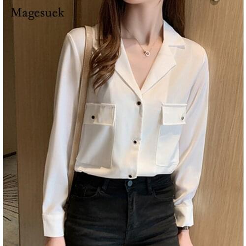 Large Pocket Long Sleeve Chiffon Blouse New Style Fashion Korean 2021 Autumn and Winter All-match V Neck Women Shirt 10492