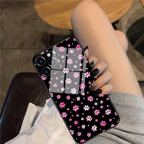 Pink Dog Paws Pattern Phone Case Glass Phone Case For iphone 12 11 Pro Max XS XR X 8 7 Plus SE2 Case