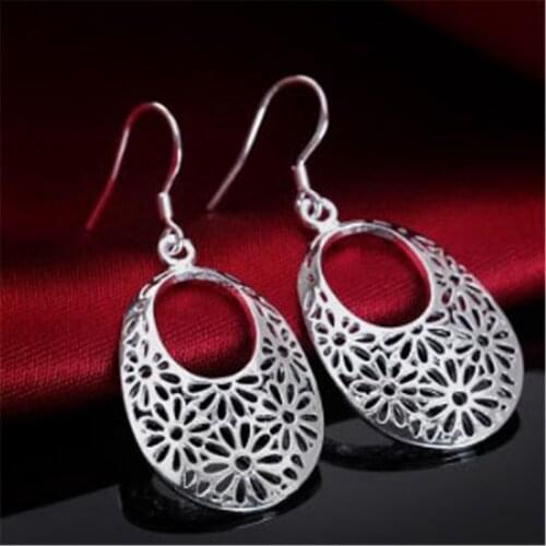 Vintage Long Earrings Dangle Earrings Hollow Flower Water Drop Earrings Sterling Silver Pattern