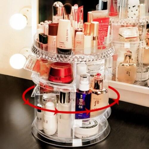 360-degree Rotating Cosmetic Organizer Lipstick Storage Box Transparent Rhinestone Display Stand Easy To Assemble and Adjust
