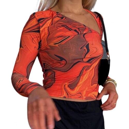 2021 Spring/Summer Women Top Tees Long Sleeve Printed Y2K Style Contrast Color Skinny Floral Print Slim T-Shirt