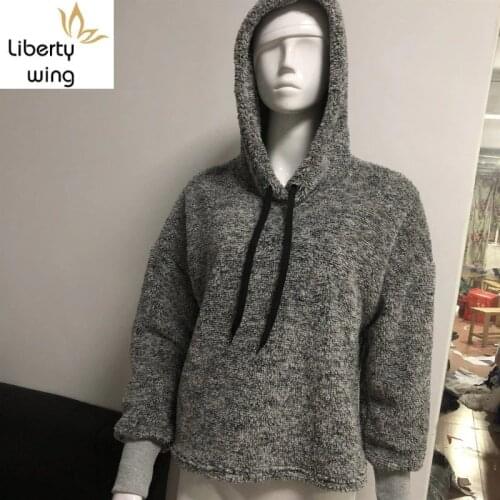 2020 New Autumn Winter Women Hoodie Fashion Solid Faux Fur Hooded Tops Female Casual Long Sleeve Drawstring Grey Pullovers