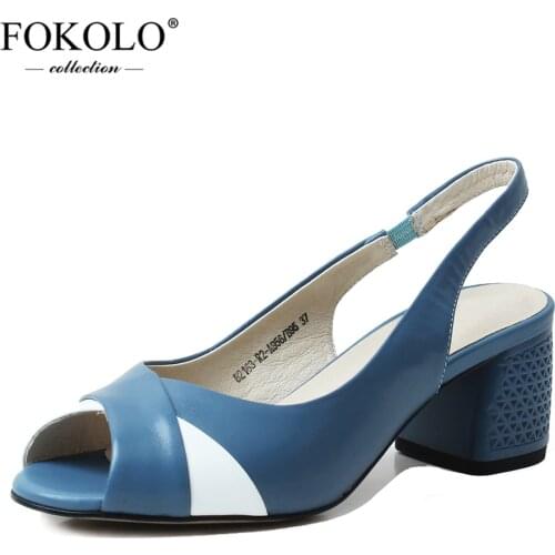 FOKOLO New Sandals Women Hit Color Sheepskin Open Toe Shoes Elastic Band Mid Heel Genuine Leather Lady Summer Shoes Handmade L5