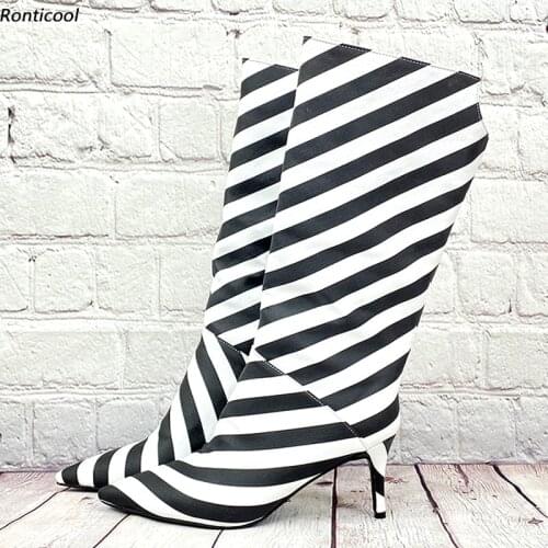 Ronticool Handmade Women Winter Mid-Calf Boots 8 Cm Heels Pointed Toe Black White Stripe Fashion Shoes Women Us Size 5-15