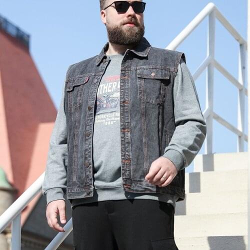 Plus size men denim vest fat Jeans jacket new Sleeveless Waistcoat Outdoor casual Button Coats Cotton Soft fishing black Tops