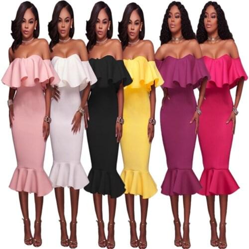 S-XL new women fashion slash neck dress lady off shoulder ruffles fishtail dress night evening party midi dress